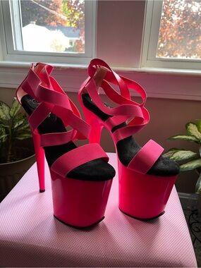 Pleaser Flamingo-869UV Neon Pink Criss Cross UV Glow Platform Sandals 8" Heel